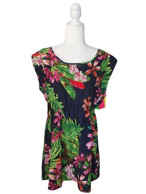 DEX Tropical Floral Summer Dress Sleeveless Elastic Waist - Size Large